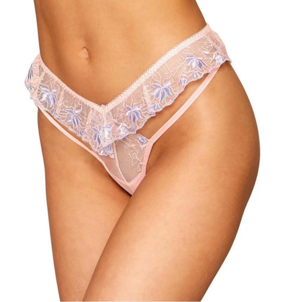 Dreamgirl Floral Embroidery Lace Flutter G-string 1495 - Rose Quartz S/M. NWT